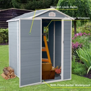 Seizeen Outdoor Resin Storage Shed, 41 Cu. Ft. / 306 Gal, Gray, 3 Doors With Floor