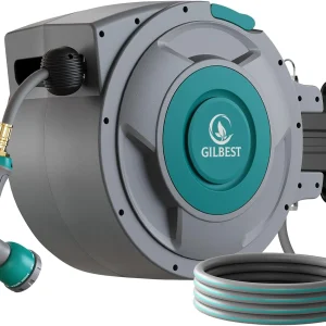 GILBEST Retractable Garden Hose Reel, 100 ft x 5/8 in, Green, 10-Function Nozzle