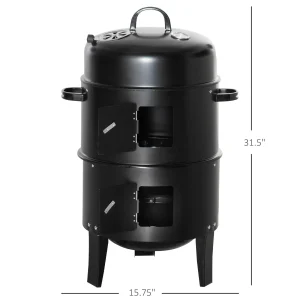 Outsunny 3-in-1 16in Round Charcoal BBQ Smoker Grill With 2 Cooking Areas And Thermometer - Black