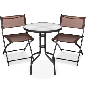 Best Choice Products 3-Piece Patio Bistro Dining Set With Glass Tabletop And Folding Chairs - Gray