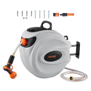 VEVOR Retractable Garden Hose Reel, 100 ft x 1/2 inch, Wall-Mounted With 9-Pattern Nozzle