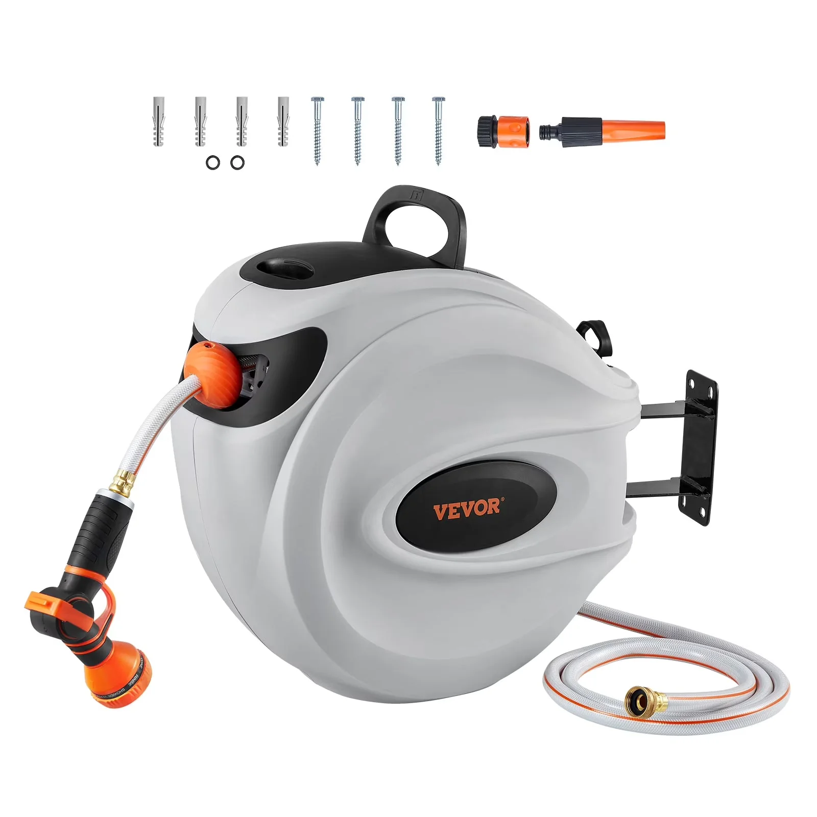 VEVOR Retractable Garden Hose Reel, 100 ft x 1/2 inch, Wall-Mounted With 9-Pattern Nozzle