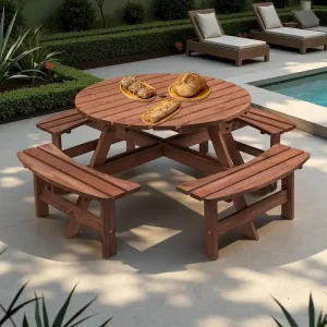 8-Person Fir Wood Round Picnic Table Set With 4 Built-In Benches And Umbrella Hole
