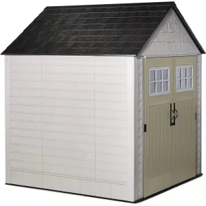 Rubbermaid Resin Outdoor Garden Storage Shed With Windows And Utility Hooks, Sand - 7x7 Ft