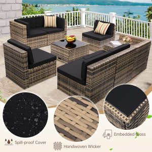 8-Piece Outdoor Wicker Rattan Sectional Patio Furniture Set With Cushions And Glass Top Storage Table - Black