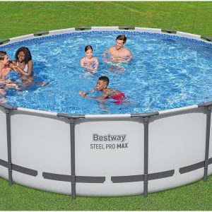 Steel Pro MAX 14 Foot x 48 Inch Round Steel Frame Above Ground Pool Set With 1,000 Filter Pump, Ladder And Cover - Gray