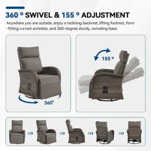 Pocassy 3-Piece Outdoor Recliner Set With Side Tables And Grey Cushions