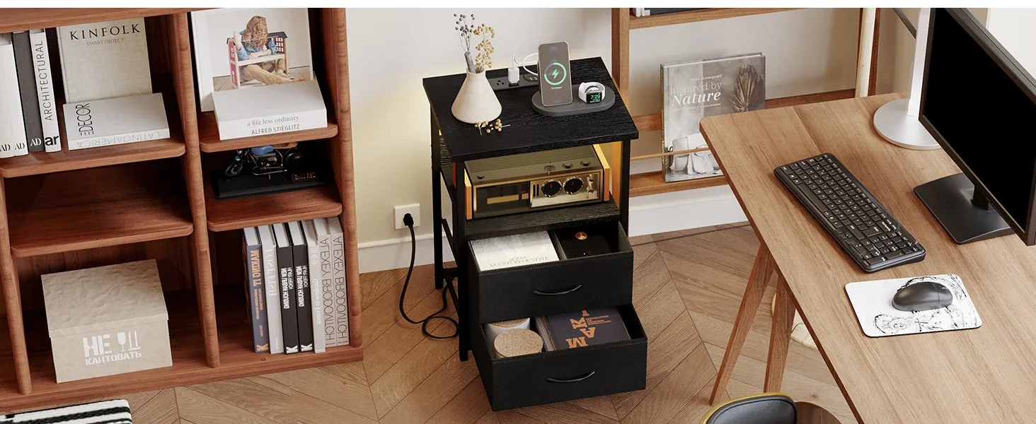 Study Office Desk and Bookshelf Corner Setup with Nightstand